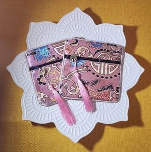 Set of 2 Pink Fish Print Silk Brocade Coin Purse Embroider Jewelry Bag  Wallet
